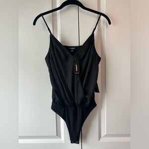 Express Women’s Satin Faux Wrap Cami Thong Bodysuit Black NWT (Size S)